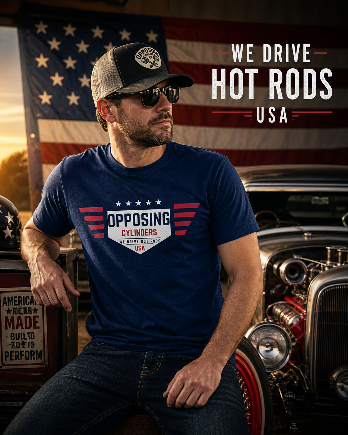 USA Shirt - Opposing Cylinders, We Drive Hot Rods