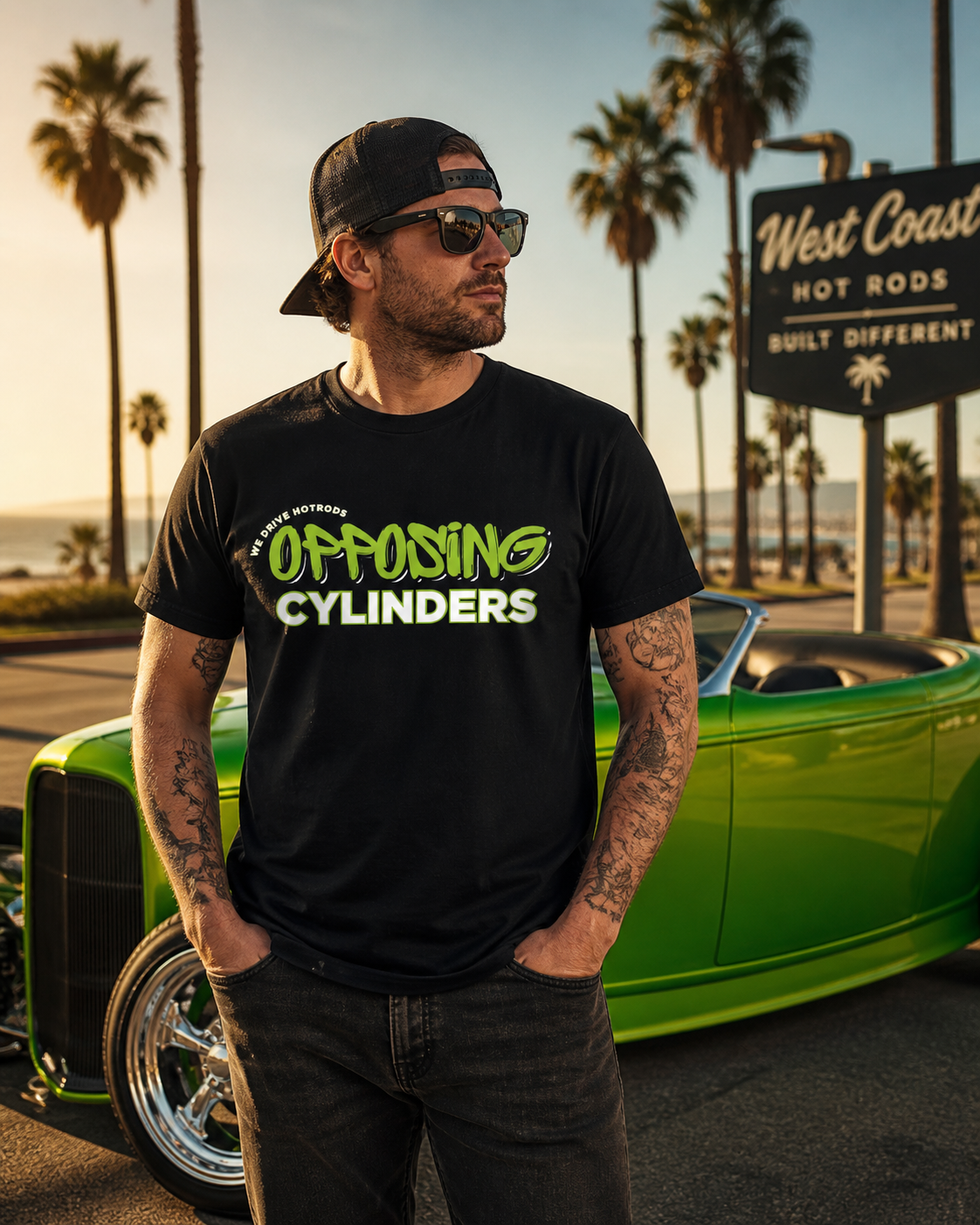 We Drive Hot Rods Opposing Cylinders Green